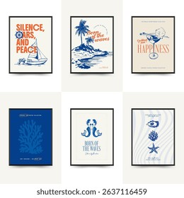 Abstract ocean and sea posters template. Modern sea Botanical trendy black style. Vintage seaweed, fish, shell. Ink wall art.	