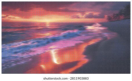 Abstract ocean sunset scenery featuring vibrant beach waves and golden horizon light. Artistic vector illustration perfect for tropical summer background use.