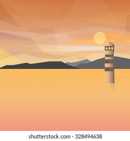 Abstract ocean view landscape with lighthouse on colorful sunset. Summer holidays recreation
