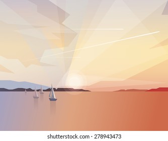 abstract ocean view landscape with sailing boats on colorful sunset and airplanes traveling through the sky. Summer holidays recreation