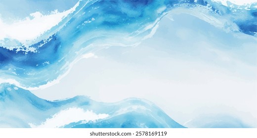"Abstract Ocean Wave Art in Fluid Blue Watercolor, Capturing the Beauty of Tropical Tsunami Waves with Soft White Layers and Cartoonish Water Splash Effects, Perfectly Blending Calmness and Power"
