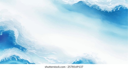 "Abstract Ocean Wave Art in Fluid Blue Watercolor, Capturing the Beauty of Tropical Tsunami Waves with Soft White Layers and Cartoonish Water Splash Effects, Perfectly Blending Calmness and Power"
