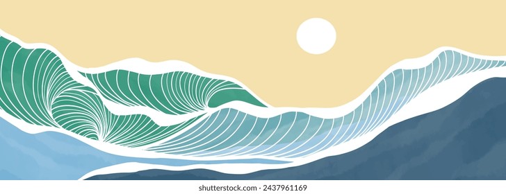 Abstract Ocean wave illustration. Creative minimalist modern paint and line art print. Abstract  contemporary aesthetic backgrounds landscapes. with Ocean wave, sea, skyline