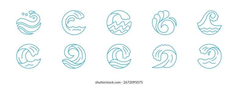 Iconos Abstractas de la línea de la onda del océano – Colección azul de los símbolos mínimos