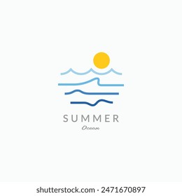 Abstract ocean wave lines with sun logo. Calming water wave summer beach logo vector icon illustration.