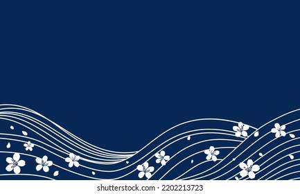 Abstract ocean wave and Sakura flower on blue background vector illustration. 