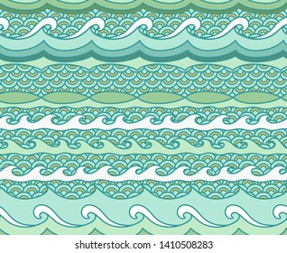 Abstract ocean waves background. Organic shapes wavy wallpaper. Vector seamless nautical sea tides pattern.