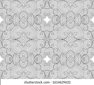 Abstract ocean waves background. Organic shapes wavy wallpaper. Vector seamless nautical sea tides pattern. Zentangle relaxing coloring book page design. Whimsical black and white illustration.