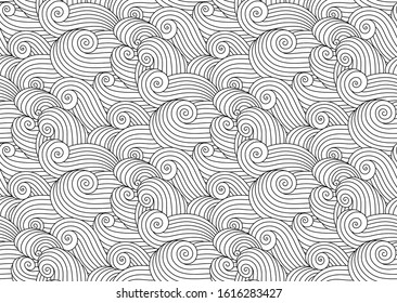 Abstract ocean waves background. Organic shapes wavy wallpaper. Vector seamless nautical sea tides pattern. Zentangle relaxing coloring book page design. Whimsical black and white illustration.