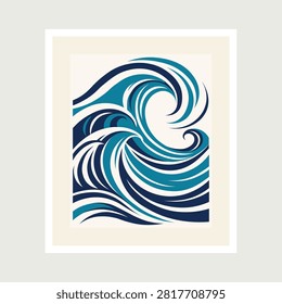 Abstract Ocean Waves Blue Sea Water Vector Marine Nautical Surf Art Print Poster Design