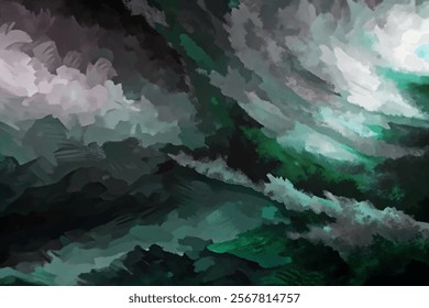 Abstract ocean waves, dark stormy clouds, green and gray palette, dynamic brush strokes, moody atmosphere, artistic expression.