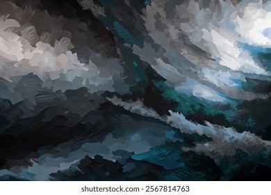 Abstract ocean waves, dark stormy clouds, turbulent water, dramatic color palette, artistic expression, modern digital art.