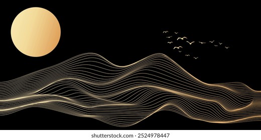 Abstract ocean waves, flowing wavy line pattern in luxury line art style. Mountain landscape with sun and birds isolated on black background. Vector illustration