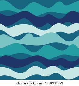 Abstract ocean waves seamless pattern in blue and turquoise. Lively irregular horizontal wavy shapes overlap to create a beautiful repeat vector. Great for textiles, home decor, and graphic design.