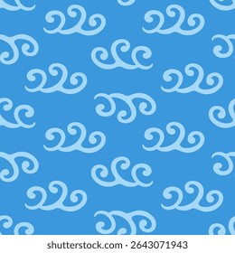 Abstract ocean waves seamless pattern. Japanese, Chinese traditional ornament blue background. Vector illustration Summer tropical sea beach style. Fashion nautical vintage textile fabric design