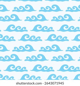 Abstract ocean waves seamless pattern. Japanese, Chinese traditional ornament blue background. Vector illustration Summer tropical sea beach style. Fashion nautical vintage textile fabric design