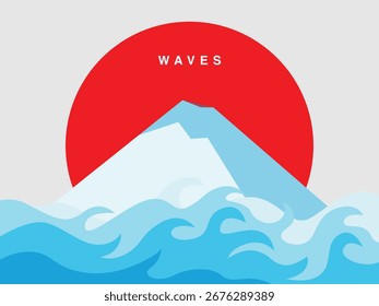 Olas Abstractas del océano con sol y montaña