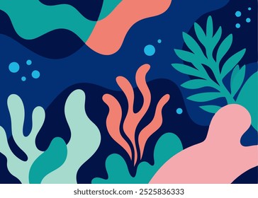 Abstract oceanic design featuring vibrant coral red, seafoam green, and navy blue. This fluid artwork is perfect for adding a coastal vibe to your projects.