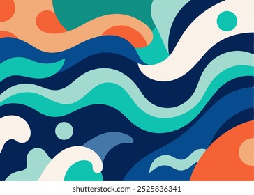 Fundo abstrato com temática oceânica com cores vibrantes e formas fluidas. Este design calmante apresenta uma moderna vibração minimalista do oceano com paletas de cores suaves.