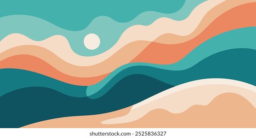 Design abstrato com temática oceânica, apresentando uma calmante paleta de cores de azul, verde e pêssego. As formas fluidas e padrões ondulados evocam uma sensação de paz e tranquilidade.