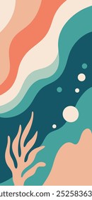 Abstract ocean-themed design featuring fluid shapes, a coral red plant, and calming colors. Perfect for coastal vibes, home decor, or any project needing a touch of serene beauty.