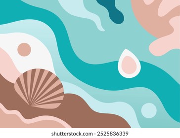 Abstract ocean-themed design featuring a seashell, fluid shapes, and a soft color palette. Perfect for creating a calming and coastal vibe in your projects.