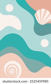 Ilustración Abstractas con temática oceánica que presenta olas que fluyen, conchas marinas y una paleta de colores tranquilizadores. Perfecto para añadir un toque de serenidad costera a sus diseños.