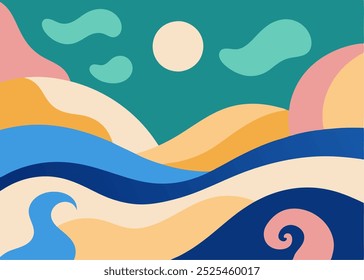 Abstract ocean-themed illustration with vibrant colors and fluid shapes, perfect for creating a calming and modern design.