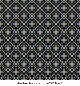 Abstract octagonal and circle geometric line pattern, Square rounded seamless vector background. dark blue and gold color texture