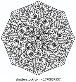 abstract octagonal mandala with linear ornaments drawn on a white background for coloring, vector, mandala