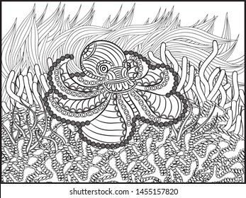 Abstract octopus coloring page. Octopus in the ocean around corals and sea plants.