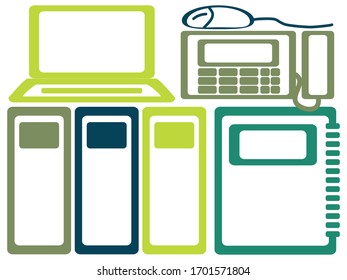 Abstract Office Business vector Elements on White background - Notebook, Binders, Laptop, Phone and Mouse