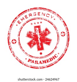 Abstract office rubber stamp with the emergency medical care symbol and the words paramedic and emergency written around the symbol