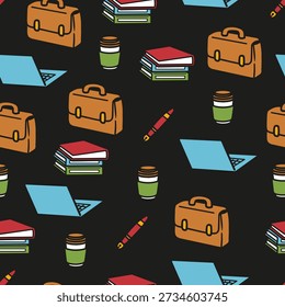 Abstract Office Themed Pattern with Work Supplies. Ideal for office-themed designs, digital wallpapers, business presentations, and stationery projects, perfect for professionals and creatives alike