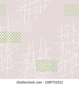 Abstract off-white and green seamless pattern with random angle tangle lines and dot grid vector graphic.