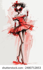 Abstract Oil Painting of Anime Fashion Model in Pink Haute Couture Dress on White Background