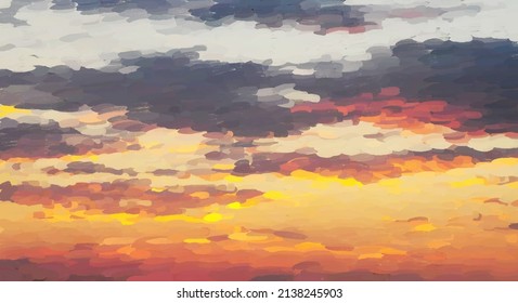 Abstract oil painting evening sky in beige and bright colors. Colored clouds. Contemporary art random paint strokes in warm colors. Abstract painting vector illustration. Painting sky with deep color.