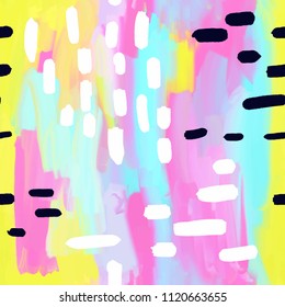 Abstract oil painting seamless pattern with ink element in memphis style. Hand drawn paint brushes background .