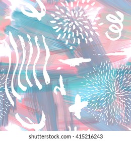 Abstract oil painting seamless pattern with ink element. Hand drawn paint brushes background. Pastel color palette.