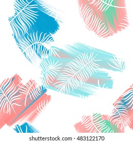 Abstract oil painting seamless pattern with palm leaves. Hand drawn paint brushes background. Pastel color palette.
