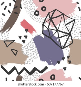 Abstract oil painting seamless pattern with ink element in memphis style. Hand drawn paint brushes background. 