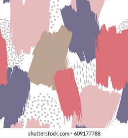 Abstract oil painting seamless pattern with ink element in memphis style. Hand drawn paint brushes background. 