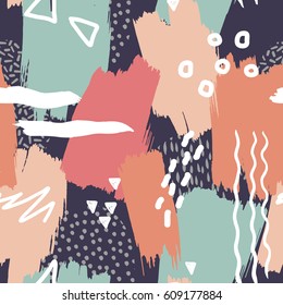 Abstract oil painting seamless pattern with ink element in memphis style. Hand drawn paint brushes background. 
