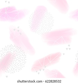 Abstract oil painting seamless pattern with geometric ink element. Hand drawn paint brushes background. Pastel color palette.