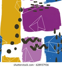 Abstract oil painting seamless pattern with ink element  in memphis style. Hand drawn paint brushes  background . 
