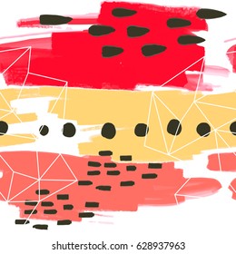 Abstract oil painting seamless pattern with ink element  in memphis style. Hand drawn paint brushes  background . 