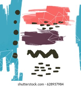 Abstract oil painting seamless pattern with ink element  in memphis style. Hand drawn paint brushes  background . 
