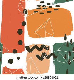 Abstract oil painting seamless pattern with ink element  in memphis style. Hand drawn paint brushes  background . 