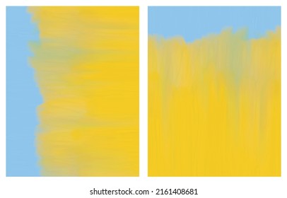 Abstract Oil Painting Style Vector Layouts. Light Blue and Yellow Dabs and Stains Print. Cool Background. Modern Vivid Colours Vector Print Set.