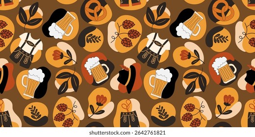 abstrato oktoberfest padrão sem emenda com elementos tradicionais como canecas de cerveja pretzels lederhosen e lúpulo em um fundo marrom para celebrações alemãs